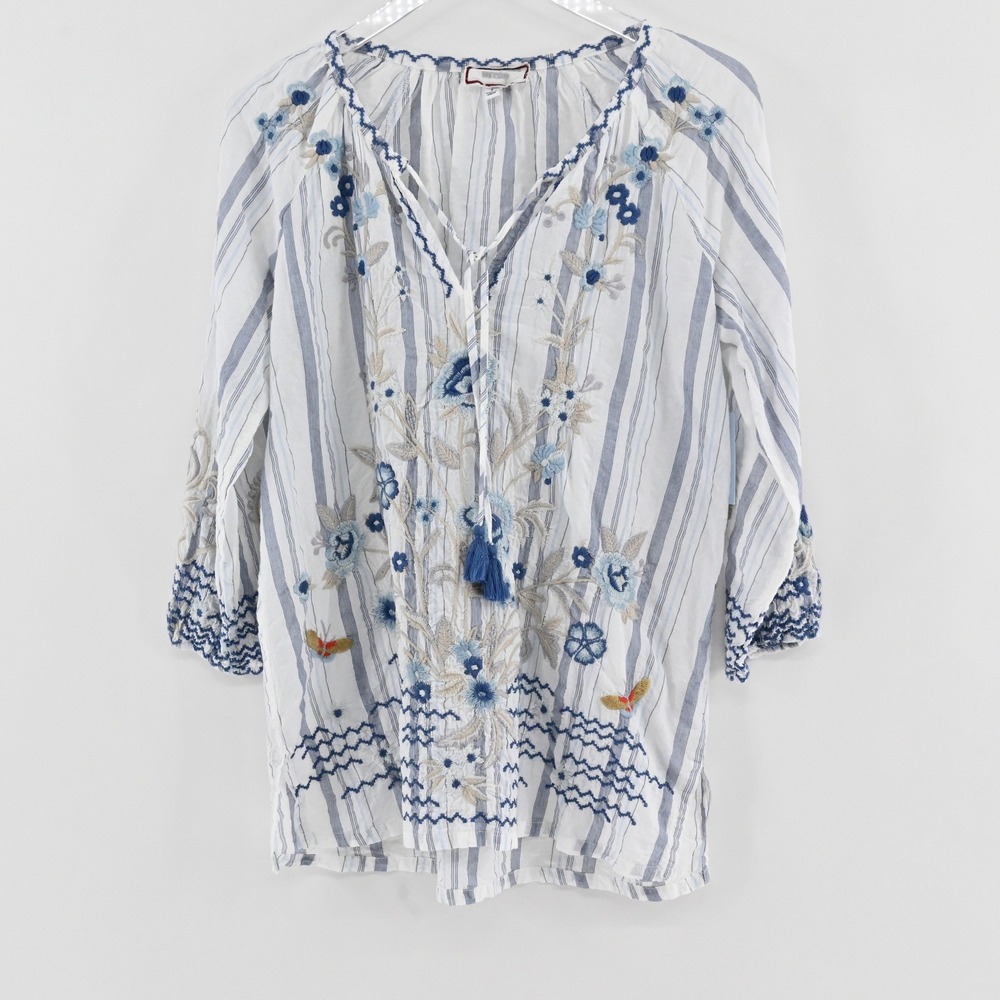Johnny Was Workshop Tassel Tunic Top Womens Size S White Blue Stripe Embroidered